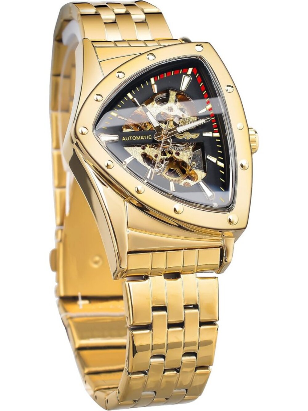 Men's Gold Automatic Mechanical with Triangle Dial Stainless Steel Strap Watch